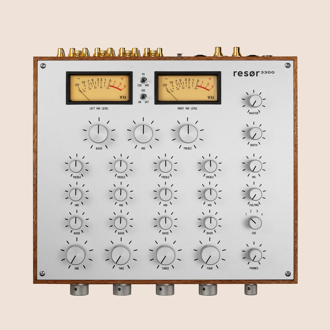 Vintage-style audio equipment with multiple knobs and meters on a beige background